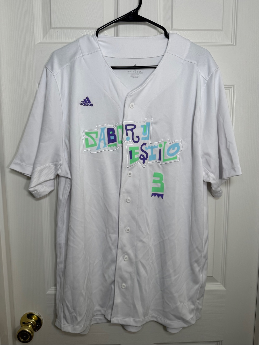 Adidas White Baseball Jersey with Green and Purple Graphic